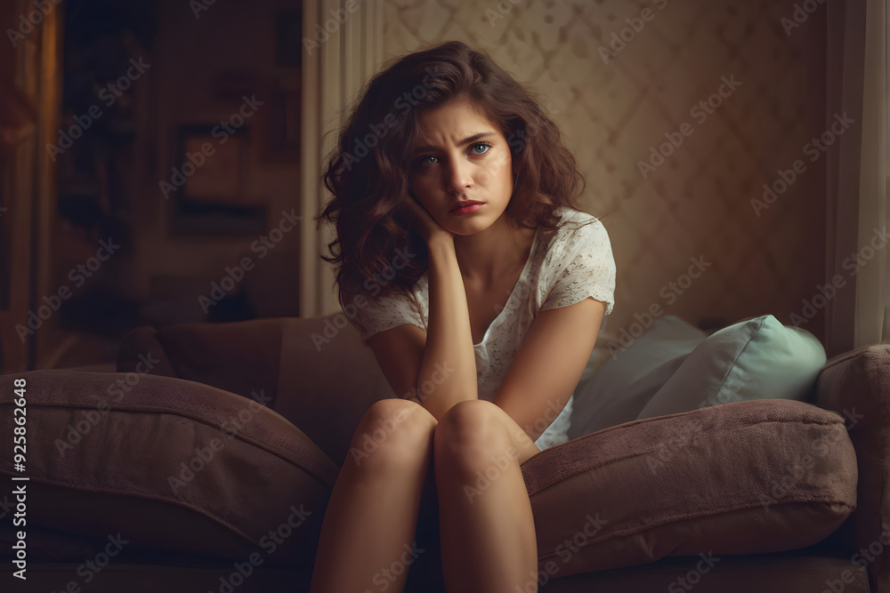 Fototapeta premium Sad girl at home. Depression or anxiety concept.