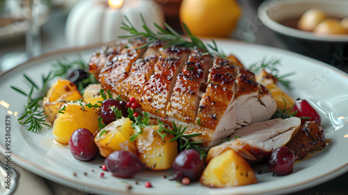 Magret de Canard in a white plate, in a luxurious shop.