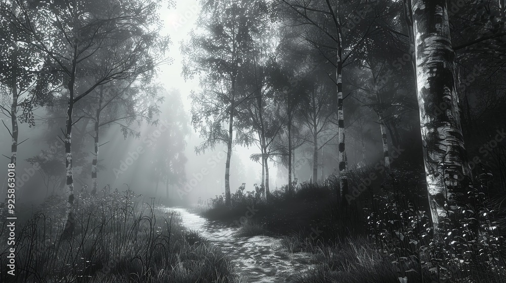 A black-and-white photo of a foggy forest path with light filtering through the trees, creating a mysterious atmosphere. A black-and-white photo of a foggy forest path with light filtering through the trees, creating a mysterious atmosphere.