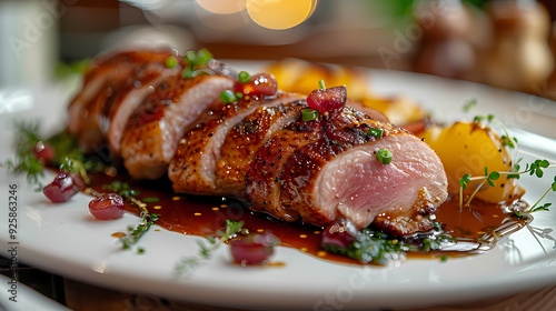 Magret de Canard in a white plate, in a luxurious shop.