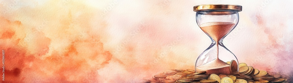 Obraz premium Hourglass turning into a bag of coins, time transforming to wealth, watercolor style