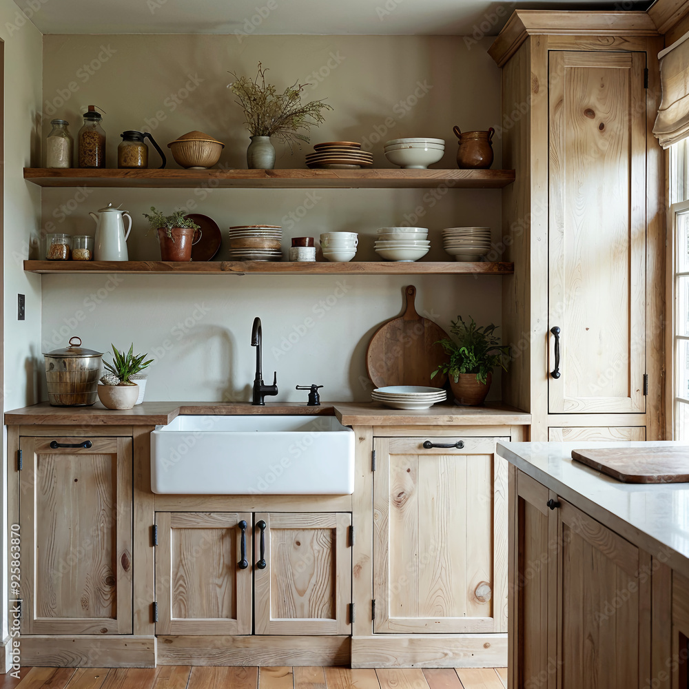 Country Style Kitchen with Open Shelving and Natural Light Country Style Kitchen with Open Shelving and Natural Light