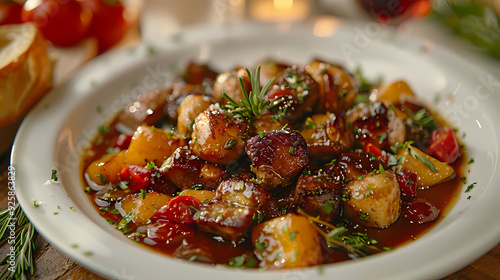 Ratatouille in a white plate, in a luxurious shop.