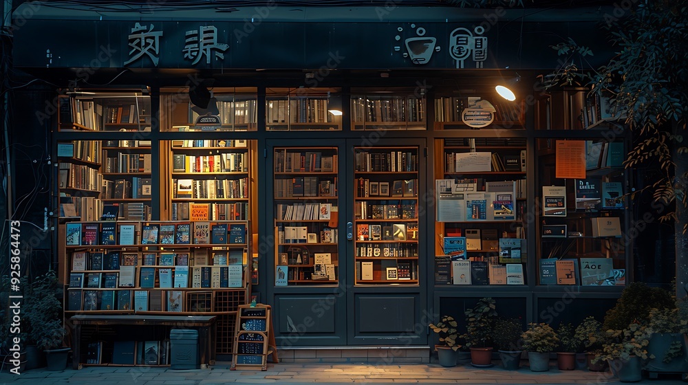 Evening scene at a cozy bookstore, soft ambient lighting highlighting books in the window, inviting entrance with warm glow, nostalgic and charming atmosphere, high-definition clarity, Evening scene at a cozy bookstore, soft ambient lighting highlighting books in the window, inviting entrance with warm glow, nostalgic and charming atmosphere, high-definition clarity,