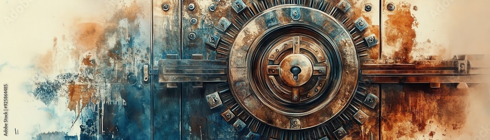 Naklejka premium Vault door with intricate locks, ultimate security for wealth, watercolor style