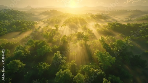 An aerial view of a misty rainforest at sunrise.