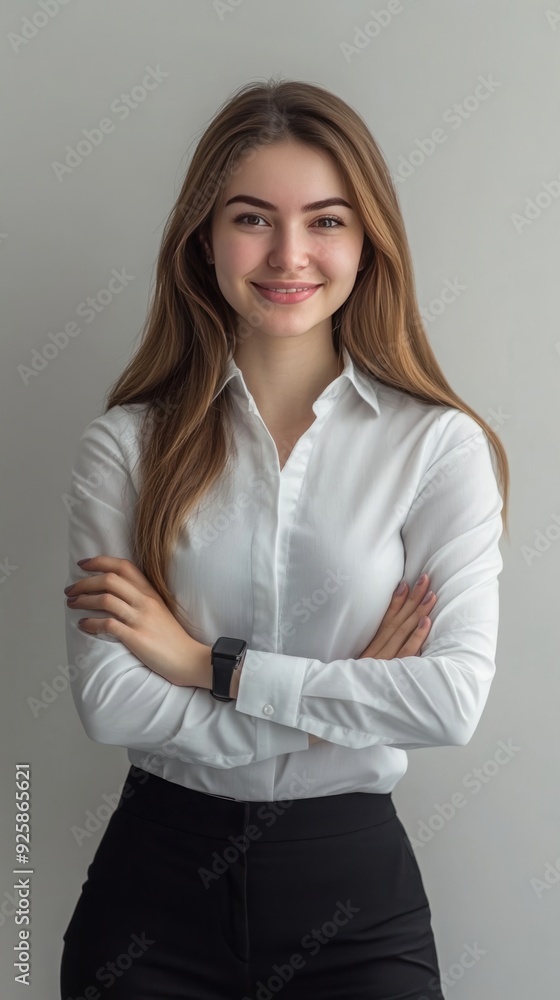 Youthful Exuberance: A Portrait of a Joyful Young Businesswoman Standing Confident with Crossed Arms, Smiling at the Camera on a Grey Background Youthful Exuberance: A Portrait of a Joyful Young Businesswoman Standing Confident with Crossed Arms, Smiling at the Camera on a Grey Background