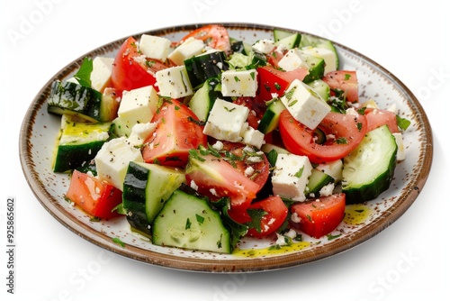 Fresh Greek salad with tomatoes, cucumbers, and feta cheese on a rustic plate. Perfect for healthy eating. Mediterranean cuisine concept with a modern twist. Generative AI