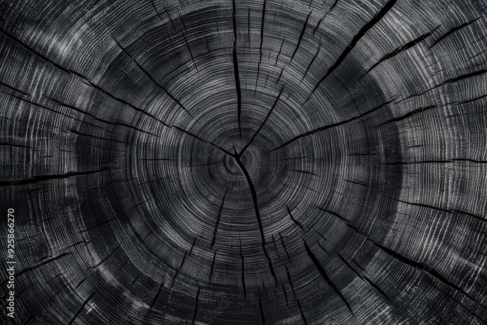 Warm gray wooden finish. Detailed black and white pattern of a cross-sectioned log or stump. Rough natural wood rings emphasizing close-up of the end grain Warm gray wooden finish. Detailed black and white pattern of a cross-sectioned log or stump. Rough natural wood rings emphasizing close-up of the end grain
