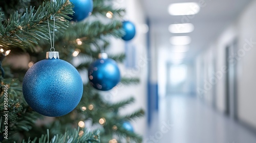 Blue ornaments on a Christmas tree in a decorated office corridor