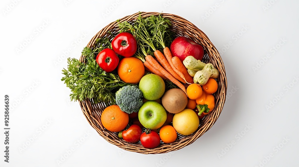 A wicker basket full of fresh fruits and vegetables