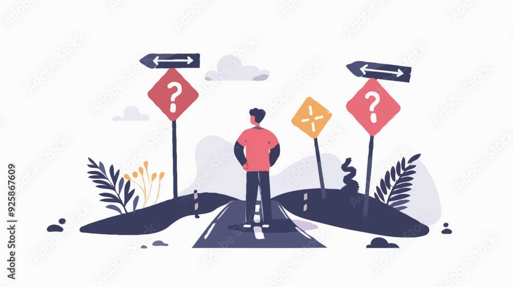 flat design Big Business decision making, career path, choose the right way to success concept, confusing businessman looking at multiple road sign with question flat design Big Business decision making, career path, choose the right way to success concept, confusing businessman looking at multiple road sign with question