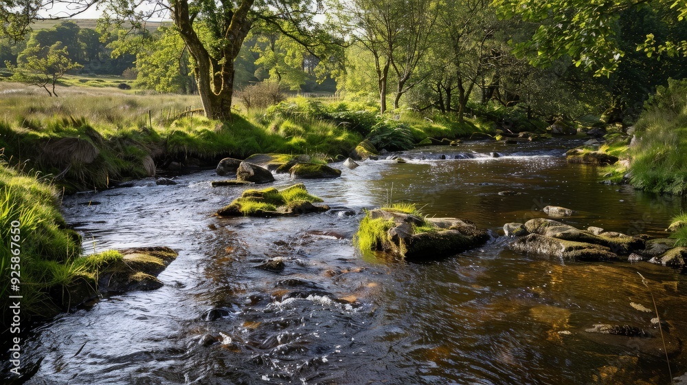 Tranquil Stream Flowing Through Lush Greenery Tranquil Stream Flowing Through Lush Greenery
