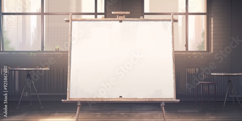 Blank Whiteboard on an Easel: A Stylish Industrial Interior Setting for Business Presentation Concepts in 4K Anime Style. photo