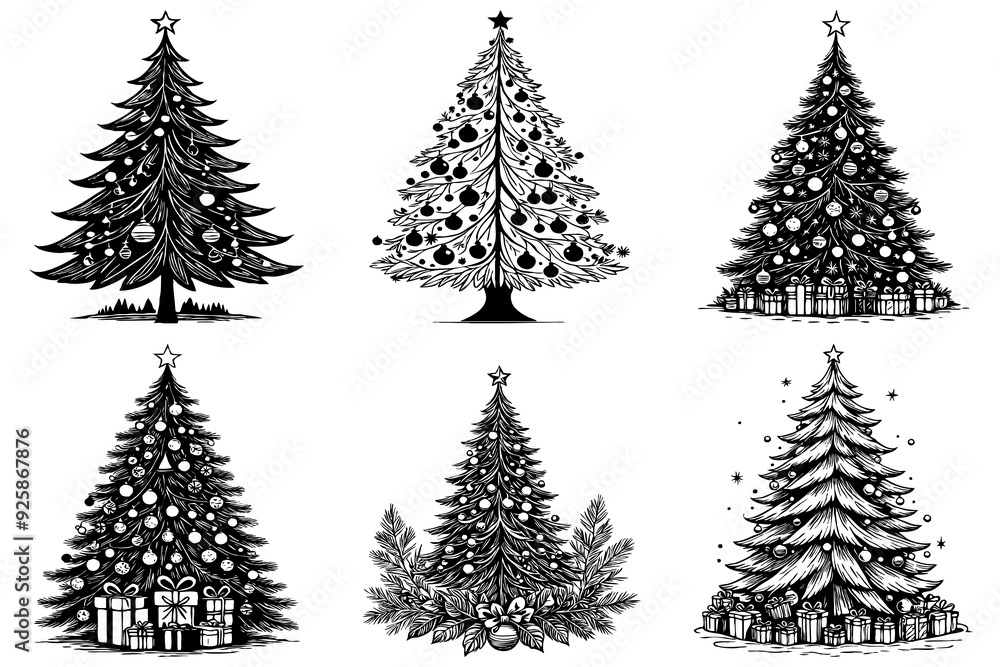 Obraz premium Merry Christmas card design. Black and white drawing.