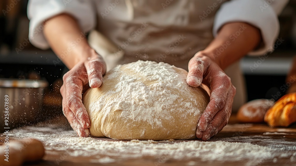 Baker kneading dough for fresh bread in a rustic kitchen Baker kneading dough for fresh bread in a rustic kitchen