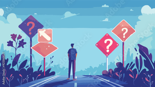 flat design Big Business decision making, career path, choose the right way to success concept, confusing businessman looking at multiple road sign with question 