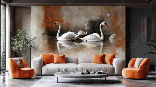 Modern geometric patterns with elegant swans for luxurious wallpaper Incorporate sleek geometric shapes with the refined beauty of swans to create an opulent and sophisticated wallpaper. photo