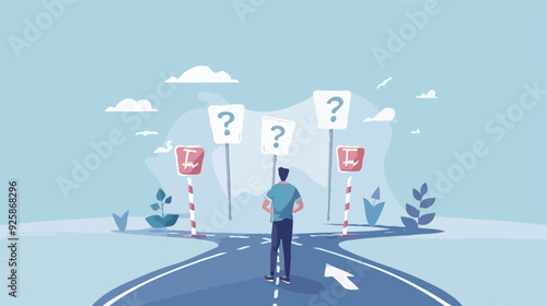 flat design Big Business decision making, career path, choose the right way to success concept, confusing businessman looking at multiple road sign with question 