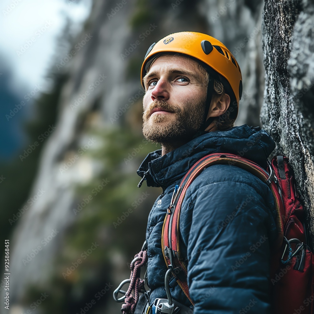 Climber taking a deep breath before ascent, in durable, mindful gear, Mindful climbing, sustainable outdoor clothing Climber taking a deep breath before ascent, in durable, mindful gear, Mindful climbing, sustainable outdoor clothing