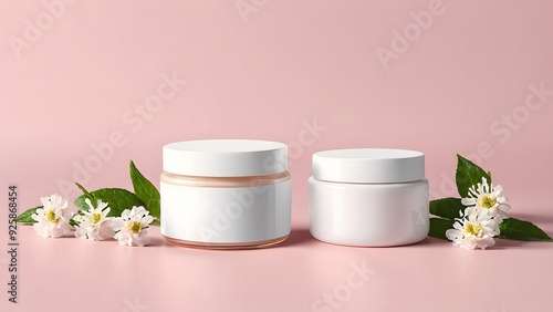 two white cream jar for mockup isolated on pink background with white flowers and copy space