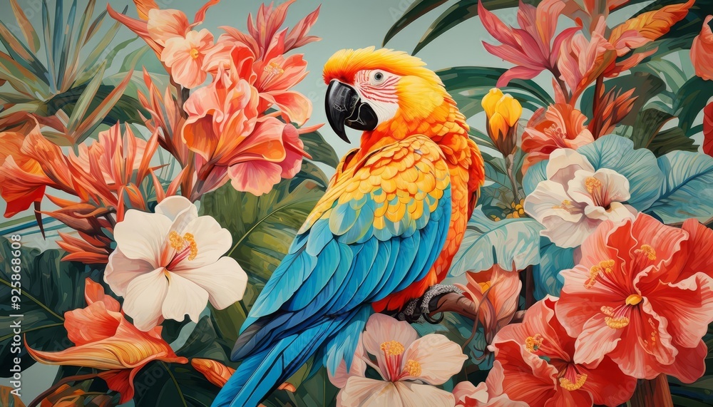Obraz premium A cheerful parrot perched on a branch, surrounded by tropical flowers in an illustration
