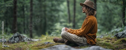 Hiker sitting quietly in a forest clearing, in earthtone, natural fabric clothing, Mindful forest meditation, outdoor wear photo