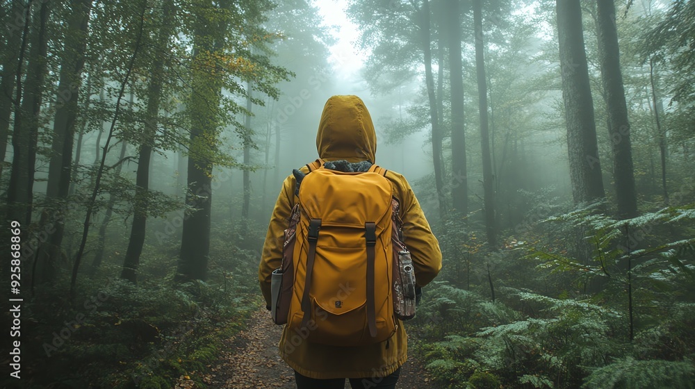Person walking through a foggy forest, wearing a cozy, mindful wardrobe, Mindful stroll, adventure wear Person walking through a foggy forest, wearing a cozy, mindful wardrobe, Mindful stroll, adventure wear