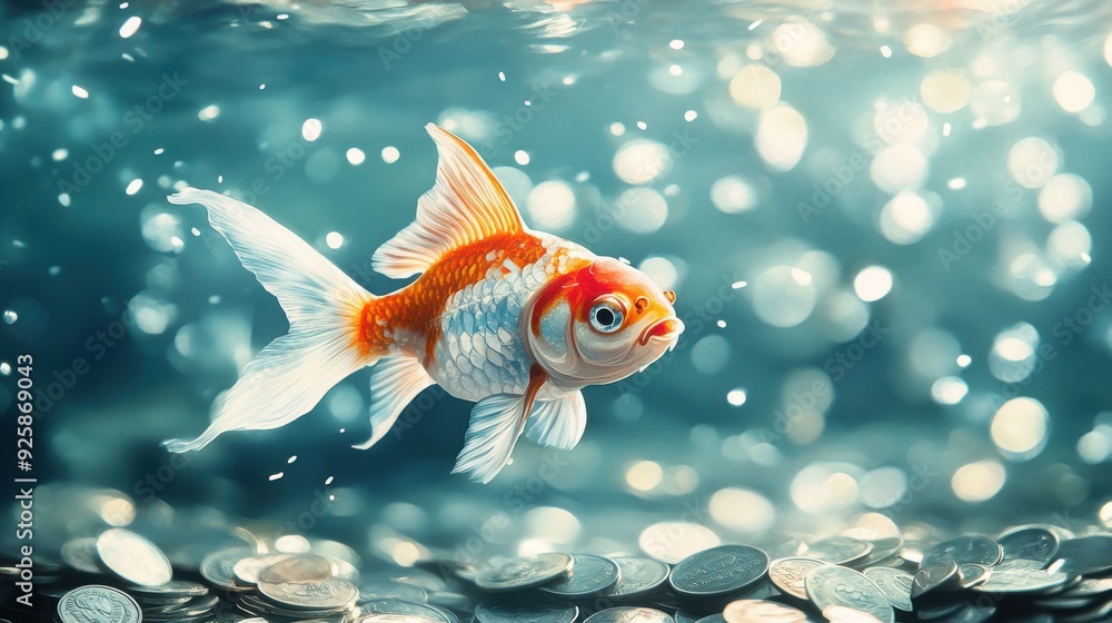 Goldfish swimming in a sea of coins, prosperity in abundance, watercolor style Goldfish swimming in a sea of coins, prosperity in abundance, watercolor style