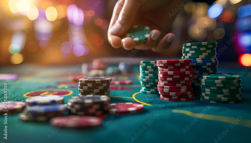 hand holding playing chips on table with blurry casino background hand holding playing chips on table with blurry casino background