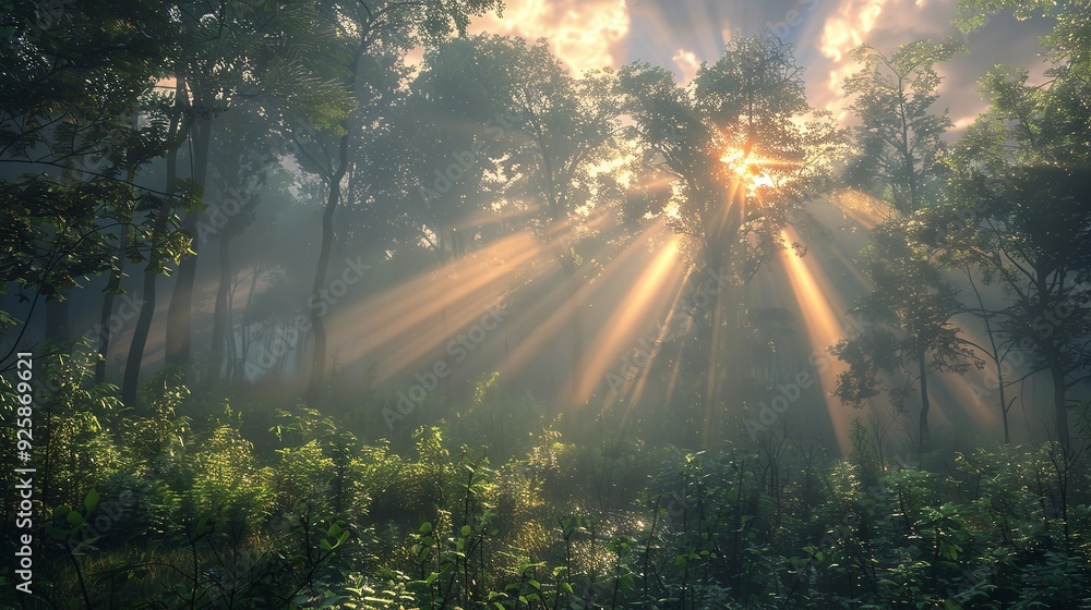 A misty morning in a dense forest with sun rays filtering through. A misty morning in a dense forest with sun rays filtering through.