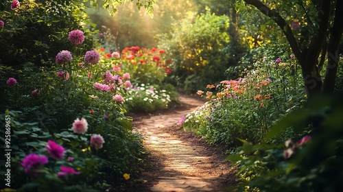 Sunlit Garden Path: A winding stone path meanders through a vibrant, sun-drenched garden bursting with colorful dahlias and lush foliage, creating a serene and enchanting scene. 