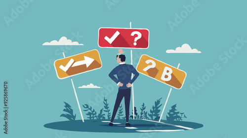 flat design Big Business decision making, career path, choose the right way to success concept, confusing businessman looking at multiple road sign with question 