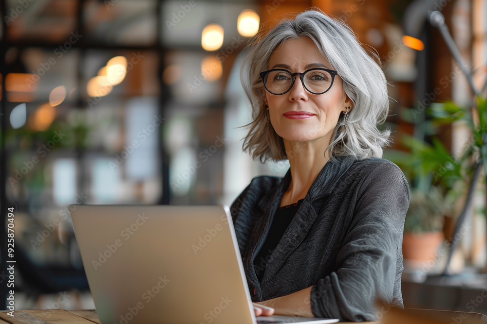 Happy Mature Middle-Aged Professional Businesswoman: Bank Worker or HR Manager in Corporate Office, Reflecting on Business Technology Future While Working on Laptop Happy Mature Middle-Aged Professional Businesswoman: Bank Worker or HR Manager in Corporate Office, Reflecting on Business Technology Future While Working on Laptop