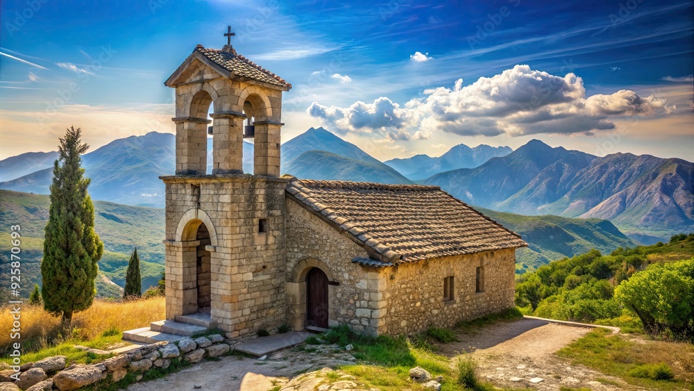Old chapel in Albania with a steeple and bell tower, Albania, architecture, chapel, steeple, bell tower, historical Old chapel in Albania with a steeple and bell tower, Albania, architecture, chapel, steeple, bell tower, historical