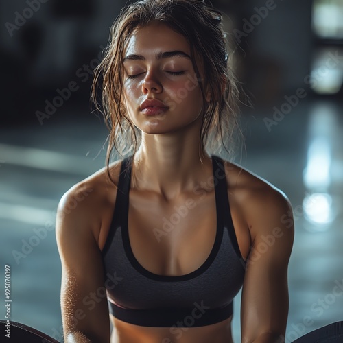 Trainer leading a mindful breathing session after an intense workout in a sleek gym, Meditation, postexercise gym routine photo