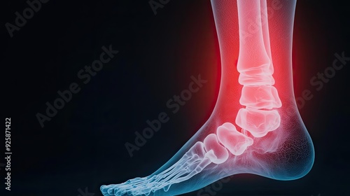 A closeup of an inflamed and swollen ankle, with visual pulses radiating from the injury, symbolizing the throbbing discomfort, pain, discomfort, throbbing photo