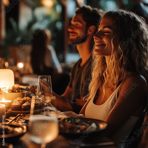 Couple practicing mindfulness while enjoying a multicourse meal in a highend restaurant, Mindfulness, romantic culinary entertainment photo