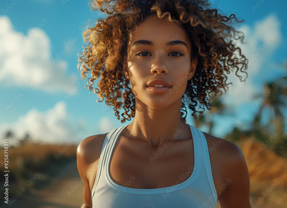 low angle photoshoot, a photo of a young woman with curly hair in sportswear jogging against blue sky low angle photoshoot, a photo of a young woman with curly hair in sportswear jogging against blue sky