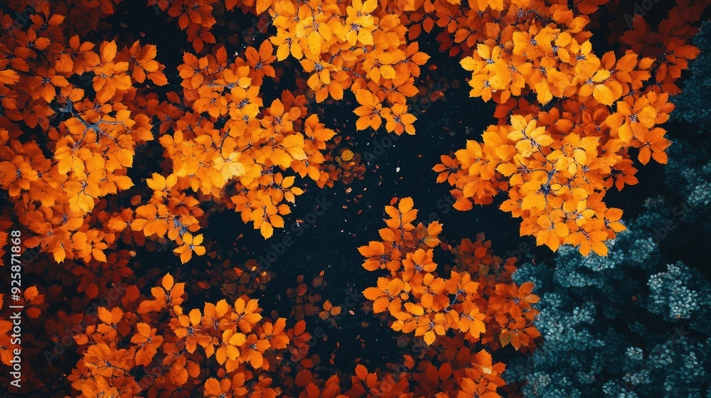 Aerial view of vibrant orange leaves contrasting against a dark background, showcasing the beauty of nature in autumn.