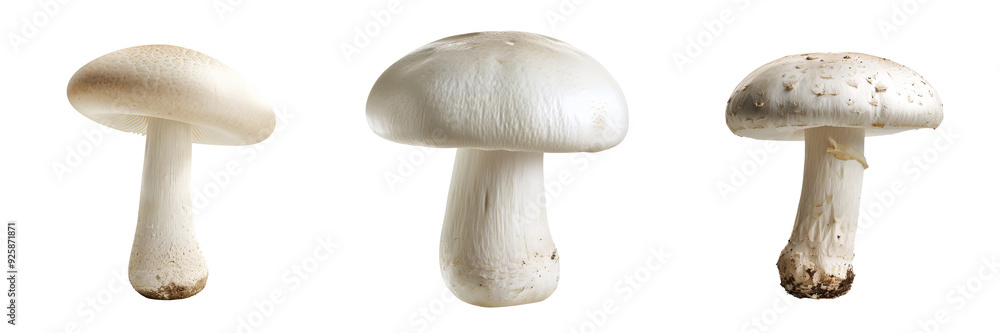 Close-up snapshot of a white mushroom with a smooth cap, isolated on a white background for clipping Close-up snapshot of a white mushroom with a smooth cap, isolated on a white background for clipping