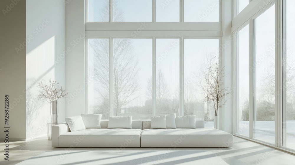 A minimalist living room with a white sofa centered in front of large windows that flood the space with natural light. A minimalist living room with a white sofa centered in front of large windows that flood the space with natural light.