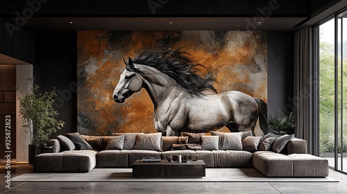 Elegant geometric shapes with graceful horses for refined wallpaper Integrate sleek geometric designs with the graceful imagery of horses to create a refined and sophisticated wallpaper.  photo