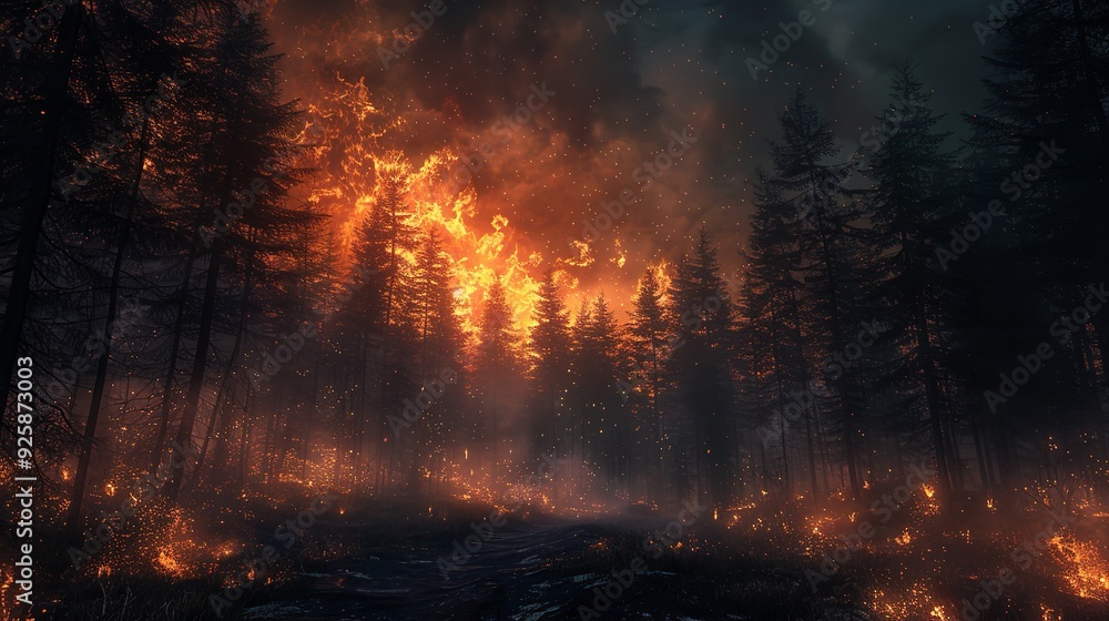 A forest fire burning through the trees, with smoke filling the air and flames reaching for the sky. A forest fire burning through the trees, with smoke filling the air and flames reaching for the sky.