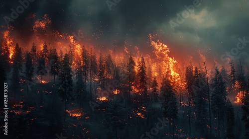 A forest fire burning through the trees, with smoke filling the air and flames reaching for the sky.