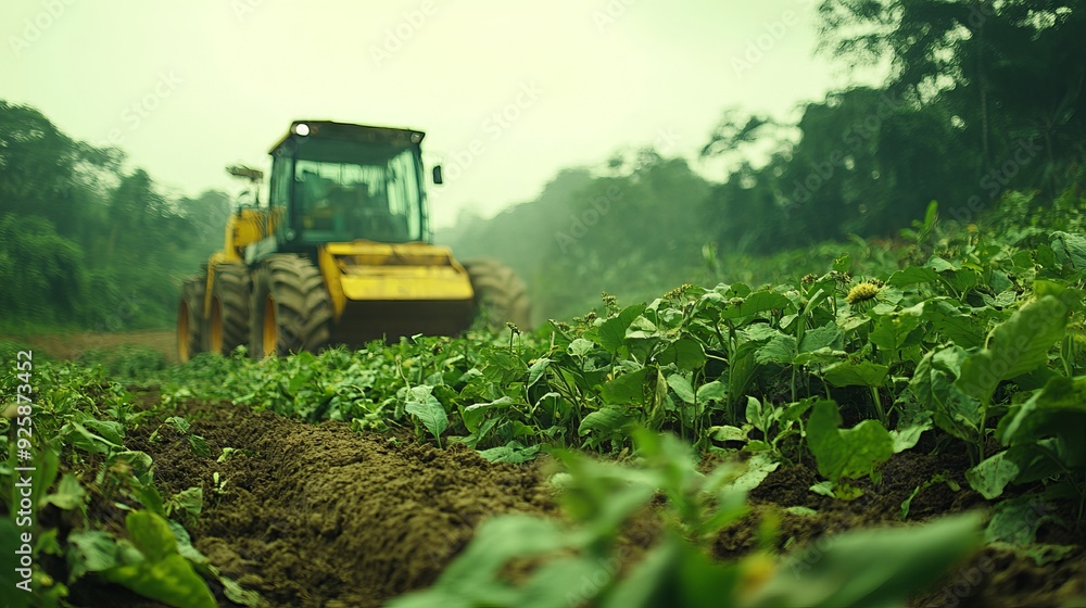 Farmer using a yellow tractor in a green field during overcast weather Farmer using a yellow tractor in a green field during overcast weather