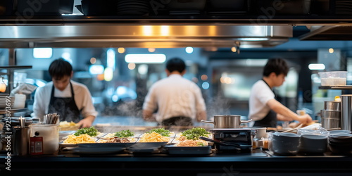 Busy Japanese restaurant. staff in motion. hand edited generative AI. 