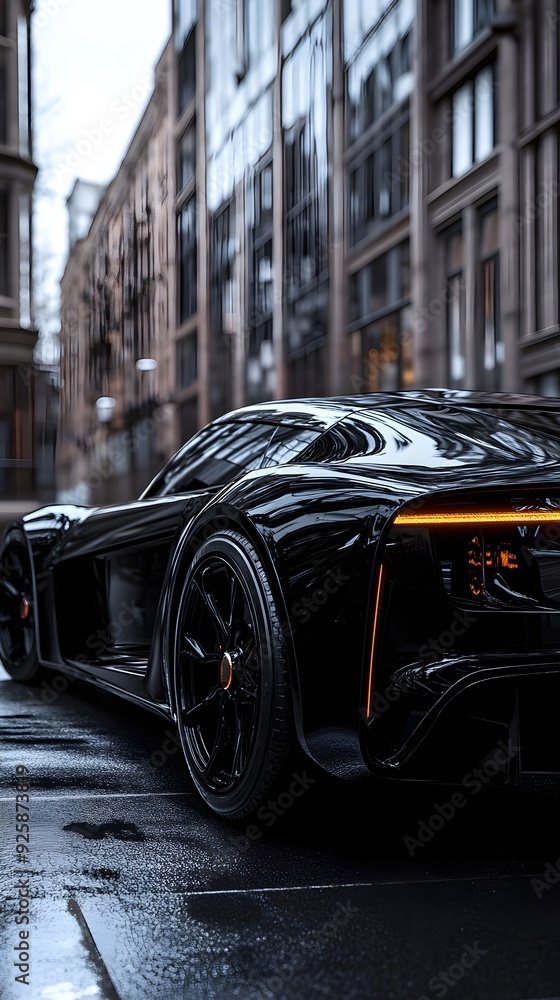 Sleek Black Hypercar in Urban Alley Reflects Modern Architecture on Wet Street After Rain Sleek Black Hypercar in Urban Alley Reflects Modern Architecture on Wet Street After Rain