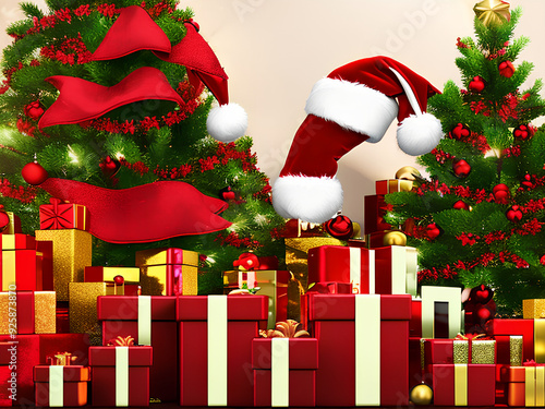 a festive christmas scene featuring like decorated christmas trees, gift boxes, ornaments, santa claus, fireplace, etc. perfect for holiday greetings, website banners, social media posts, and more.