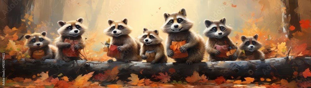 A cheerful raccoon family playing in the woods in a colorful illustration A cheerful raccoon family playing in the woods in a colorful illustration